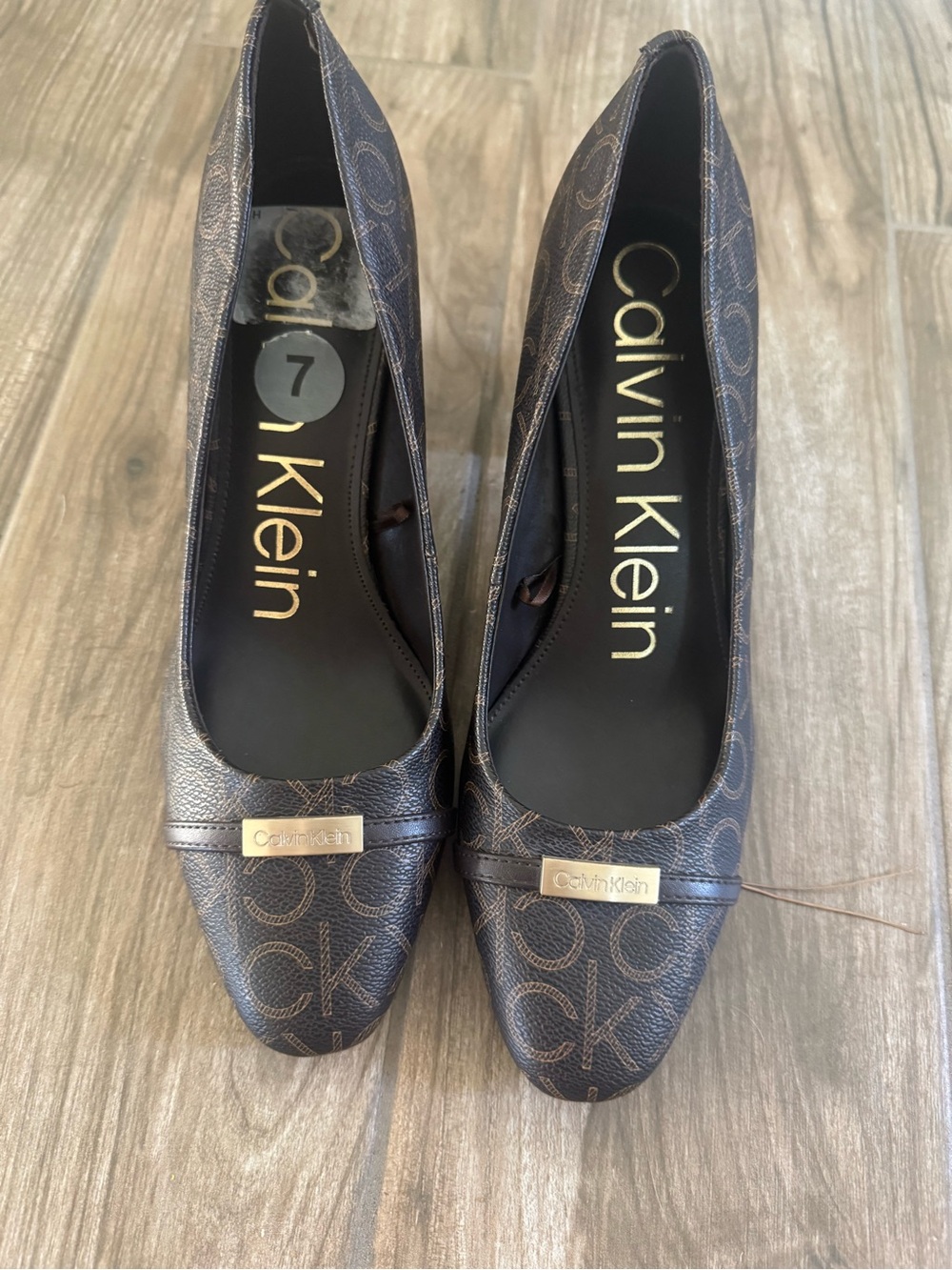 Calvin Klein Brown Monogram Pointed-Toe Logo Pumps